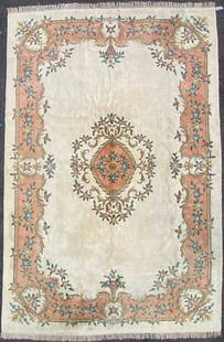MANSION SIZE FRENCH STYLE AUBUSSON HAND KNOTTED RUG, 11.2 x 16.8 (340cm x 508cm): Mansion size, French style Aubusson rug was hand knotted in China of 100% natural wool on a cotton foundation. The rug has very thick wool piles and is in like new condition. Beautiful colors and
