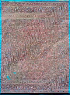 ANTIQUE SIGNED PERSIAN ISFAHAN HAND KNOTTED RUG, DISTRESSED, 9.6 x 12.9 (290cm x 389cm): Antique Persian Isfahan rug, was hand knotted in Iran of 100% natural wool on a cotton foundation. This rug is 100+ years old, has medium to low wool piles and is in excellent condition for its’