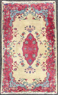 KERMAN HAND KNOTTED RUG, 4.9 x 8.0 (145cm x 244cm): Vintage Kerman rug, made of 100 percent natural wool on a cotton foundation with full to medium wool piles. This rug is 60+ years old, and is in excellent condition for its age. Beautiful colors, and