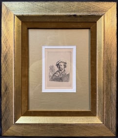 REMBRANDT VAN RIJN (1606-1669) ETCHING AND DRYPOINT TITLED SELF PORTRAIT IN A FLAT CAP AND