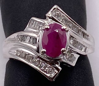 10K WHITE GOLD, OVAL RUBY AND DIAMOND FASHION RING, AND RECENT APPRAISAL