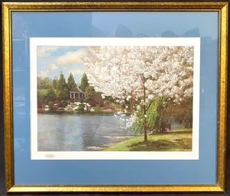 JOHN MCLEAN (1944) LIMITED EDITION GICLEE ON CANVAS TITLED CHERRY BLOSSOMS ON THE LAKE AT LEWIS