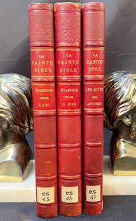 LA SAINTE BIBLE TEXTE DE LA VULGATE, TRADUCTION FRANCAISE EN REGARD AVEC COMMENTAIRES, 3 VOLUMES,: 1883. Paris, France. Complete in 3 volumes. Published by P. Lethielleux, Editeurs. All volumes are in Very Good++ condition. Written entirely in French. All volumes are half bound in red leather with