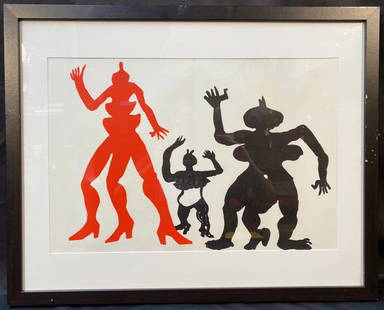 ALEXANDER CALDER (1898-1976) LITHOGRAPH TITLED TWO BLACK AND ONE RED FIGURE DANCING, 22IN x 27IN: Alexander Calder (1898-1976) lithograph titled Two Black and One Red Figure Dancing. This lithograph was produced in 1975 in Paris by Maeght Editeur. It is matted and framed under glass in a simple bl