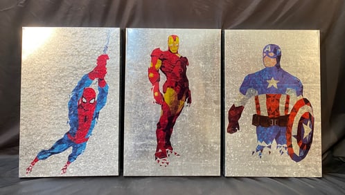 THREE MARVEL SUPERHERO PRINTS ON GALVANIZED METAL PANELS, 15.5IN x 23.5IN (39.5cm x 59.5cm)