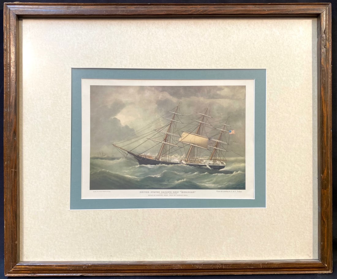 JOHN AND FREDERICK TUDGAY (MID 19 th CENTURY) NAUTICAL LITHOGRAPH TITLED UNITED STATES SAILING SHIP: John and Frederick Tudgay (Mid 19th Century) lithograph titled United States Sailing Ship Meridian, after the original which was painted in 1863. This piece was produced in 1962. There are inscription