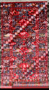 ANTIQUE KAZAK CAUCASIAN PICTORIAL HAND KNOTTED RUG, 5.0 x 9.6 (152cm x 290cm): Antique Caucasian Kazak pictorial rug was hand knotted in Turkey of 100% natural wool on a cotton foundation. The rug it 80+ years old, has medium to low wool piles and is in excellent condition for i