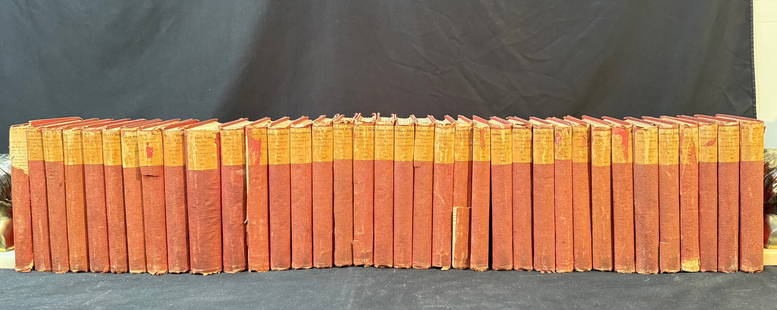 DICKENS WORKS, LARGE PAPER EDITION, 36 VOLUMES, 1867-1871: Cambridge. 1867-1871. The Riverside Press, Publishers. 36 volumes, all in Very Good to Good condition. All bound in full, red cloth hard cover and gold embossed on the spines for title. This is the li