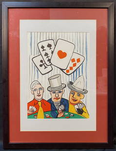 ALEXANDER CALDER (1898-1976) LIMITED EDITION LITHOGRAPH TITLED THREE CARD PLAYERS, 18.5IN x 24.5IN: Alexander Calder (1898-1976) limited edition lithograph titled Three Card Players. This lithograph was produced in 1976 in Paris by Maeght Editeur and is a limited edition of 2000. It is matted and fr