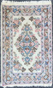 KERMAN HAND KNOTTED RUG, 2.0 x 2.11 (61cm x 89cm): A Kerman rug, made of 100% natural wool on a cotton foundation in India. This rug has full wool piles and is in excellent condition, with beautiful colors and made with outstanding quality. No holes,