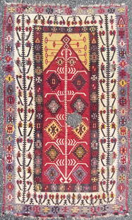 VINTAGE QASHQAI KILIM HAND KNOTTED RUG, DISTRESSED, 3.7 x 5.10 (109cm x 178cm): Vintage Qashqai Kazak flat weave rug was hand knotted in Turkey of 100% natural wool and has flat weave wool piles. This rug is 60+ years old and is in excellent condition for its age, though slightly