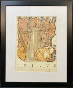 DAVID LANCE GOINES (1945) ORIGINAL LITHOGRAPH POSTER TITLED TWELVE HAND SIGNED BY OWNER ALICE: Original David Lance Goines (1945) lithograph advertising poster titled Twelve, for the twelfth anniversary of Chez Panisse. This piece was printed in 1983 for the twelfth anniversary of Chez Panisse.