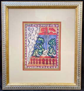 HENRI MATISSE (1869-1954) LITHOGRAPH TITLED WINDOW IN TAHITI, 19IN x 21IN (48cm x 53cm): Henri Matisse (1869-1954) lithograph titled Window in Tahiti. It is after the original which was painted in 1935 and hangs in Musee Matisse in Nice, France. It measures 19 inches x 21 inches. It is tr