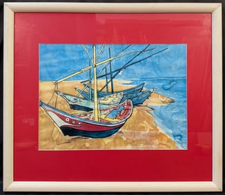 VAN GOGH LITHOGRAPH TITLED BOATS AT SAINTE MARIES, 25.5IN x 27.5IN (65cm x 70cm)