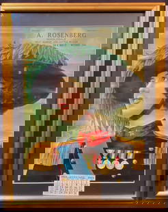 A. ROSENBURG 1925 LITHOGRAPH CALENDAR POSTER, 19.5IN x 25IN (49.5cm x 63.5cm): A. Rosenberg 1925 lithograph calendar poster. With frame, it measures 19.5 inches x 25 inches and it is matted and framed under glass in a gold frame. This piece came from a Metro Washington DC estate