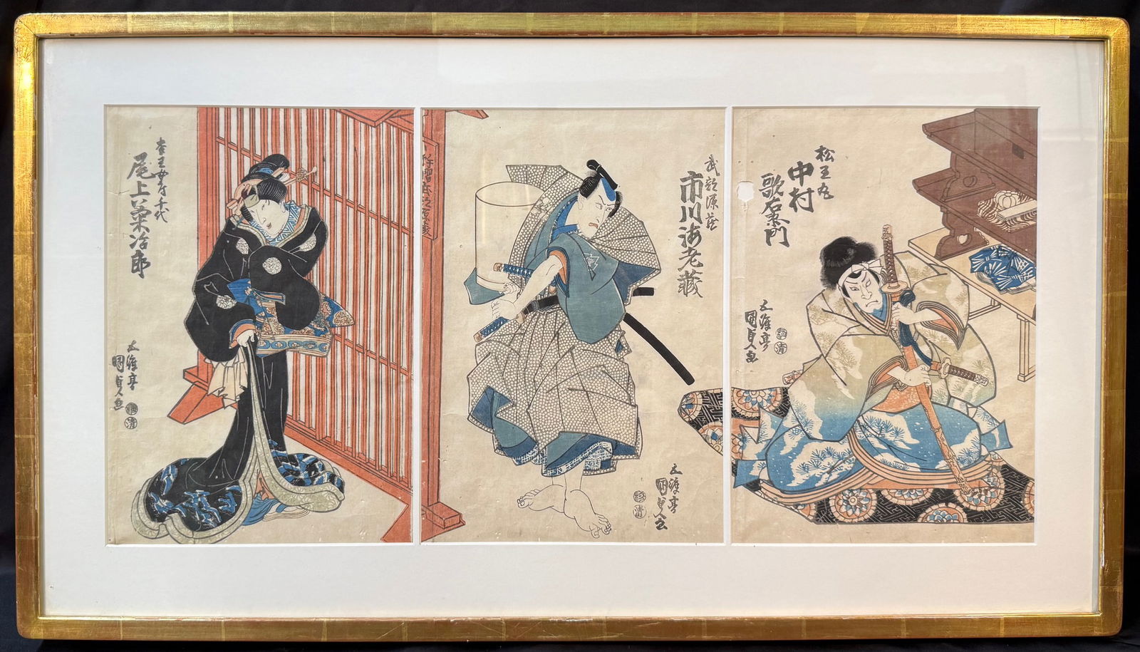ANTIQUE JAPANESE TRIPTYCH WOODBLOCK PRINT BY UTAGAWA KUNISADA (1786-1864) 20IN x 35.5IN (51cm x (1 of 11)