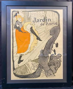 HENRI DE TOULOUSE-LAUTREC (1864-1901) LITHOGRAPH TITLED JANE AVRIL JARDIN DE PARIS, 30.5IN x 38IN: Henri de Toulouse-Lautrec (1854-1901) lithograph titled Jane Avril Jardin de Paris, after the original which was produced in 1893. This piece was printed in the Netherlands in the 1970s for the Stedel