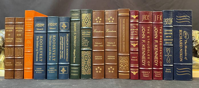 EASTON PRESS THE LIBRARY OF THE PRESIDENTS, 16 VOLUMES, WILSON TO NIXON, NIXON IS HAND SIGNED: 1980s. Presenting a unique leather-bound collectible from Easton Press’s The Library of the Presidents collection, consisting of 16 volumes. This beautiful set of books are all leather-bound, and ar