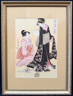JAPANESE WOODBLOCK PRINT BY KITAGAWA UTAMARO (1753-1806) TITLED PICTURE OF THE UPPER CLASS, 16IN x: Japanese woodblock print by Kitigawa Utamaro (1753-1806) titled Picture of the Upper Class. This piece is after the original which was created in 1795. This piece is part of the famous Robert O. Mulle