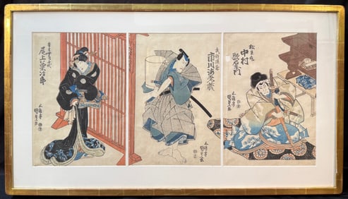 ANTIQUE JAPANESE TRIPTYCH WOODBLOCK PRINT BY UTAGAWA KUNISADA (1786-1864) 20IN x 35.5IN (51cm x