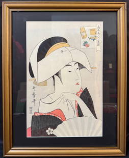 ANTIQUE JAPANESE WOODBLOCK PRINT BY KITAGAWA UTAMARO (1753-1806) TITLED THE GEISHA TOMIMOTO TOYOHINA: Antique Japanese woodblock print by Kitigawa Utamaro (1753-1806) titled The Geisha Tomimoto Toyohina. This piece is after the original which was created in 1795, and it is part of the series Renowned