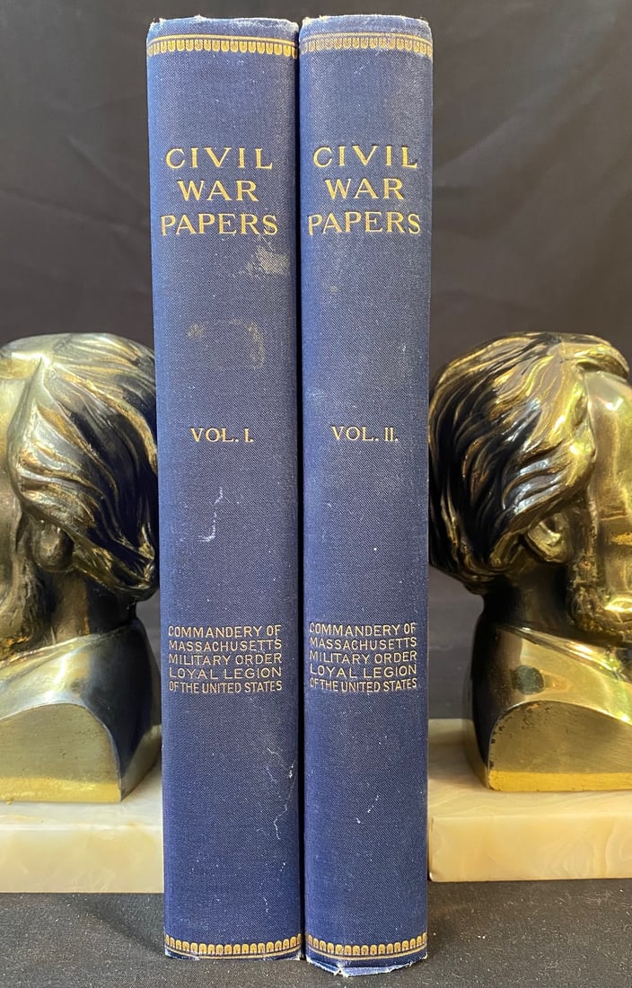 CIVIL WAR PAPERS, 2 VOLUMES, 1900: Boston. 1900. Printed for the Commandery by F. H. Gilson Company. Complete in 2 volumes. Both volumes in Very Good condition, and bound in blue cloth with gilt decoration and lettering. Top edges gilt