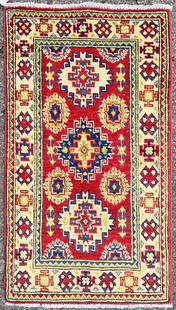 KAZAK HAND KNOTTED RUG, NEW, 1.11.x 3.4 (58cm x 102cm): New Kazak rug was hand knotted in Afghanistan of 100% natural wool on a cotton foundation. The rug has medium wool piles and is in brand new condition. It is made with excellent quality, nice and soft