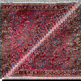 ANTIQUE PERSIAN SAROUK HAND KNOTTED RUG, 3.0 x 3.1 (91cm x 94cm): Antique Persian Sarouk rug was hand knotted in Iran of 100% natural wool and has a cotton foundation. This rug is 90+ years old, has medium to low wool piles and is in excellent condition for its age.