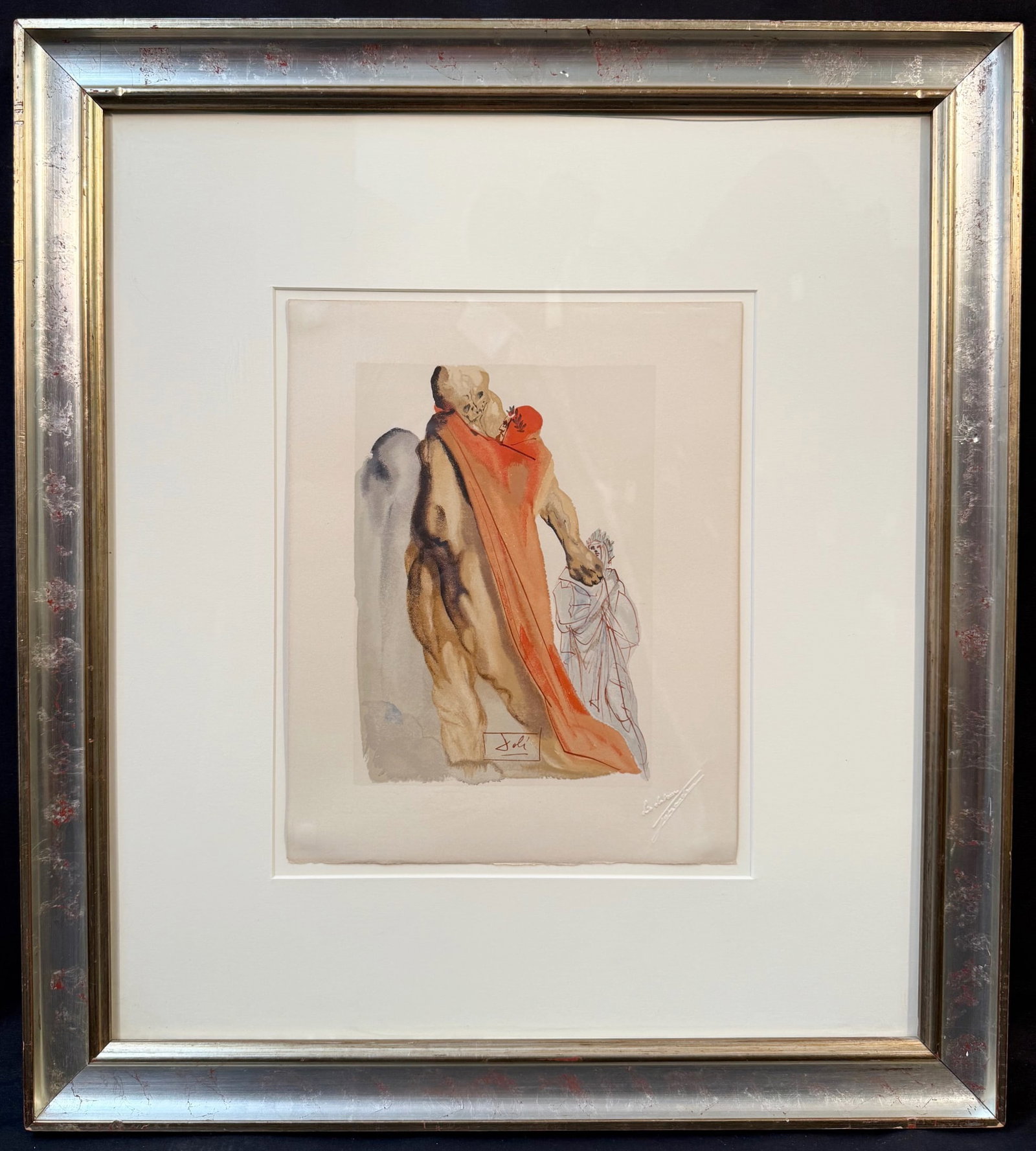 SALVADOR DALI (1904-1989) ORIGINAL SURREALIST WOODCUT TITLED THE REPROACH OF VIRGIL, 22IN x 25IN: Salvador Dali (1904-1989) original surrealist woodcut which is titled The Reproach of Virgil. This piece was produced in 1960 and it is signed in plate in the lower middle. This piece was made on BFK 