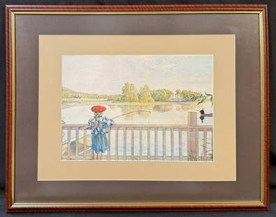 CARL LARSSON (1853-1919) LITHOGRAPH TITLED LISBETH ANGLING, 21.5IN x 27.5IN (55cm x 70cm): Lithograph by Swedish artist Carl Larsson (1853-1919). It is titled Lisbeth Angling, and it is after the original which was painted in 1898 and now hangs in the Nationalmuseum in Stockholm, Sweden. Th