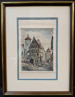 PAUL GEISSLER (1881-1965) HAND SIGNED, ORIGINAL ETCHING AND AQUATINT TITLED ROTHENBERG, 13.5IN x: Hand signed, original etching and aquatint with touches of hand coloring on thick wove paper, by Paul Geissler (1881-1965) titled Rothenberg. It is hand signed in by artist in pencil in the lower righ
