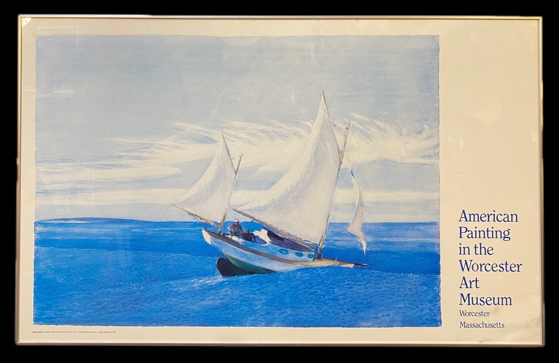 EDWARD HOPPER (1882-1967) ORIGINAL WORCESTER ART MUSEUM POSTER, 24.5IN X 39.5IN (62cm x 100cm): Original Worcester Art Museum poster for celebrated American artist Edward Hopper (1882-1967). The underlying piece is titled Yawl Riding A Swell, which after the original which was painted in 1935. T