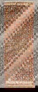 ANTIQUE PERSIAN BIDJAR HAND KNOTTED RUNNER, 3.7 x 10.3 (109cm x 312cm): Antique Persian Bidjar runner was hand knotted in Iran of 100% natural wool with a cotton foundation. This rug is 90+ years old and has medium wool piles and is in excellent condition for its age. Bea