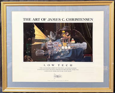 JAMES C. CHRISTENSEN (1942) LITHOGRAPH TITLED LOW TECH, 25IN x 31IN (64cm x 79cm): Lithograph by celebrated United States artist James C. Christensen (Born 1942). It is titled Low tech, and it is after the original which was painted in 1987. With frame, it measures 25 inches x 31 in