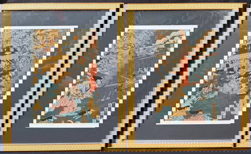 ORIGINAL JAPANESE WOODBLOCK DIPTYCH BY UTAGAWA YOSHIIKU (1833-1904) TITLED ANTICIPATION AT: An original Japanese woodblock diptych by Utagawa Yoshiiku (1833-1904) titled Anticipation at Moronao’s Mansion. This original diptych was created in the 1880s. They are matted and framed under glas