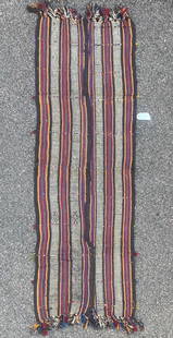 VINTAGE QASHQAI KILIM HAND KNOTTED RUG, DISTRESSED, 2.2 x 6.6 (66cm x 198cm): Vintage Qashqai Kazak flat weave rug was hand knotted in Turkey of 100% natural wool and has flat weave wool piles. This rug is 60+ years old and is in excellent condition for its age, though slightly