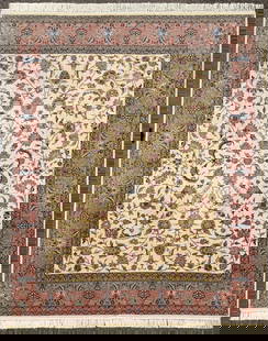 KASHAN HAND KNOTTED RUG WITH 300+ KPSI, 8.2 x 9.10 (249cm x 300cm): This Kashan Rug was hand knotted in Pakistan of 100% natural wool on a cotton foundation. This rug has knots per square inch in excess of 300+. It has full wool piles and is in like new condition. Bea