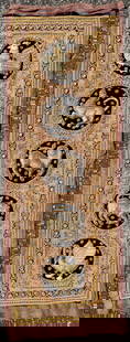 VINTAGE BURMESE KALAGA THAI NEEDLEWORK EBROIDERY WITH FIVE ZODIAC SIGNS, 18IN x 49IN (46cm x 124cm): Very elaborate, hand-stitched embroidery work using brass sequins, glass beads, golden wound cotton cords of yellow, beige, brown, orange and grey on a black velvet background. The animal figures are