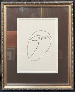 AFTER PABLO PICASSO (1881-1973) LITHOGRAPH TITLED LE HIBOU (THE OWL), 18IN x 22IN (46cm x 56cm): After Pablo Picasso (1881-1973) lithograph titled Le Hibou (The Owl). This piece is after the original which was drawn by the artist in 1936. It is double matted and framed under acrylic in an ornate