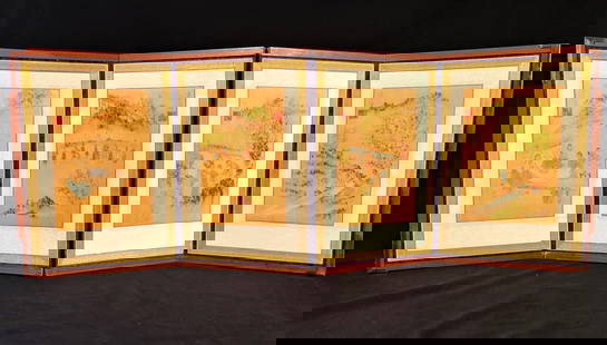 ASIAN PAINTED FOLDING SCREEN – 16 IN x 41 IN: Painted Asian folding screen measuring 16 inches by 41 inches. Each panel is individually painted showing a different village scene. The entire piece is in near perfect condition., 16 IN x 41 IN, LOT