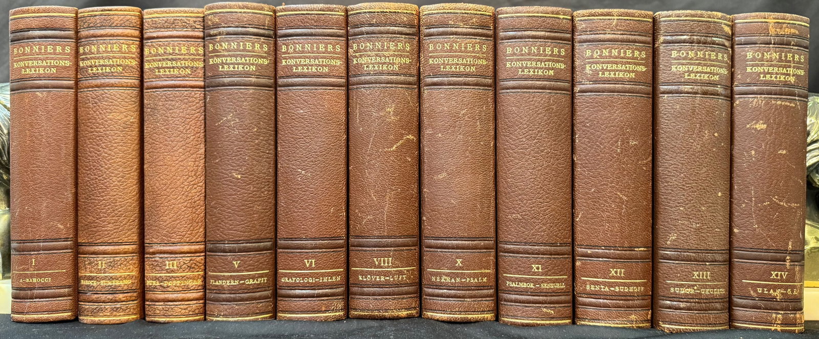 BONNIERS KONVERSATIONS LEXIKON BY ALBERT BONNIER, 11 VOLUMES, 1949: 1949. Stockholm. A.-B. Nordiska Uppslagsbocker, Publisher. Complete in 14 volumes, missing volumes 4, 7 and 9. All volumes Very Good+ to Very Good condition. Written entirely in Swedish. All volumes a