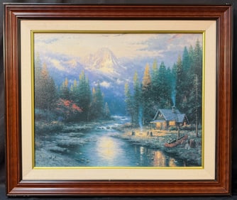 THOMAS KINKADE (1958-2012) CANVAS LITHOGRAPH TITLED THE END OF A PERFECT DAY, 33IN x 39IN (84cm x