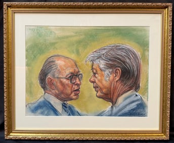 FREDA REITER (1919-1986) ORIGINAL, HAND SIGNED CHALK DRAWING TITLED MIDDLE EAST PEACE TALKS, 18.5IN