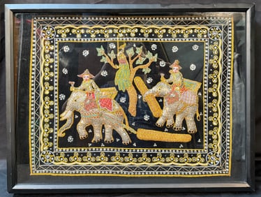 VINTAGE BURMESE KALAGA THAI NEEDLEWORK EBROIDERY SHOWING ELEPHANTS WORKING, 19IN x 25IN (48cm x