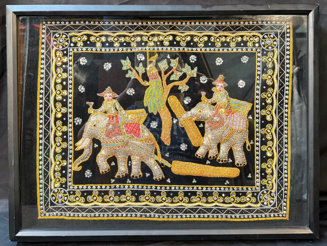 VINTAGE BURMESE KALAGA THAI NEEDLEWORK EBROIDERY SHOWING ELEPHANTS WORKING, 19IN x 25IN (48cm x (1 of 5)