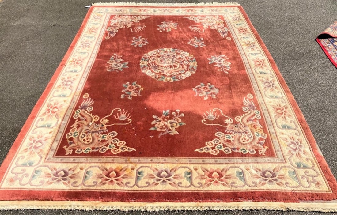 ASIAN DRAGON HAND KNOTTED RUG, SLIGHTLY DISTRESSED – 8.4 x 12.0: Asian Dragon pictorial rug was hand knotted in China of 100% natural wool on a cotton foundation. The rug has full wool piles and is in excellent condition, though slightly distressed with pile loss d