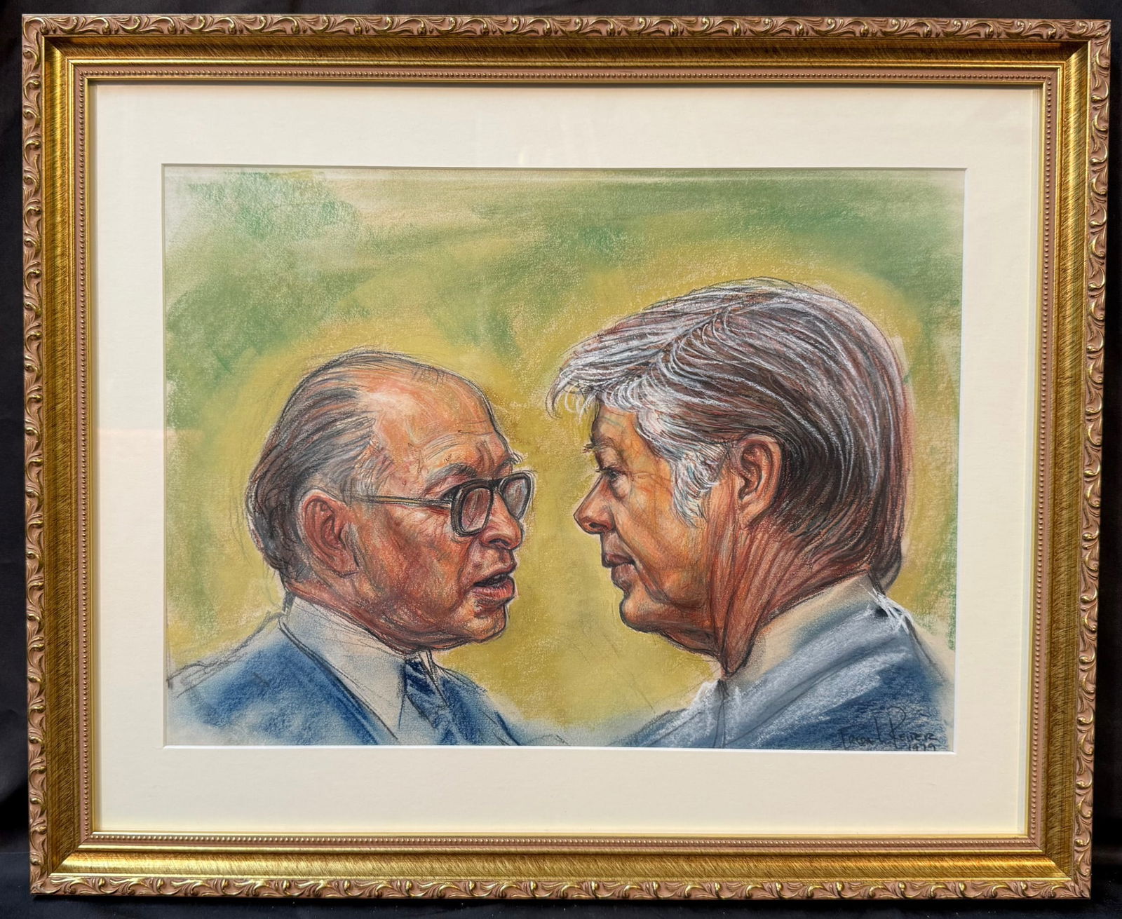 FREDA REITER (1919-1986) ORIGINAL, HAND SIGNED CHALK DRAWING TITLED MIDDLE EAST PEACE TALKS, 18.5IN (1 of 7)