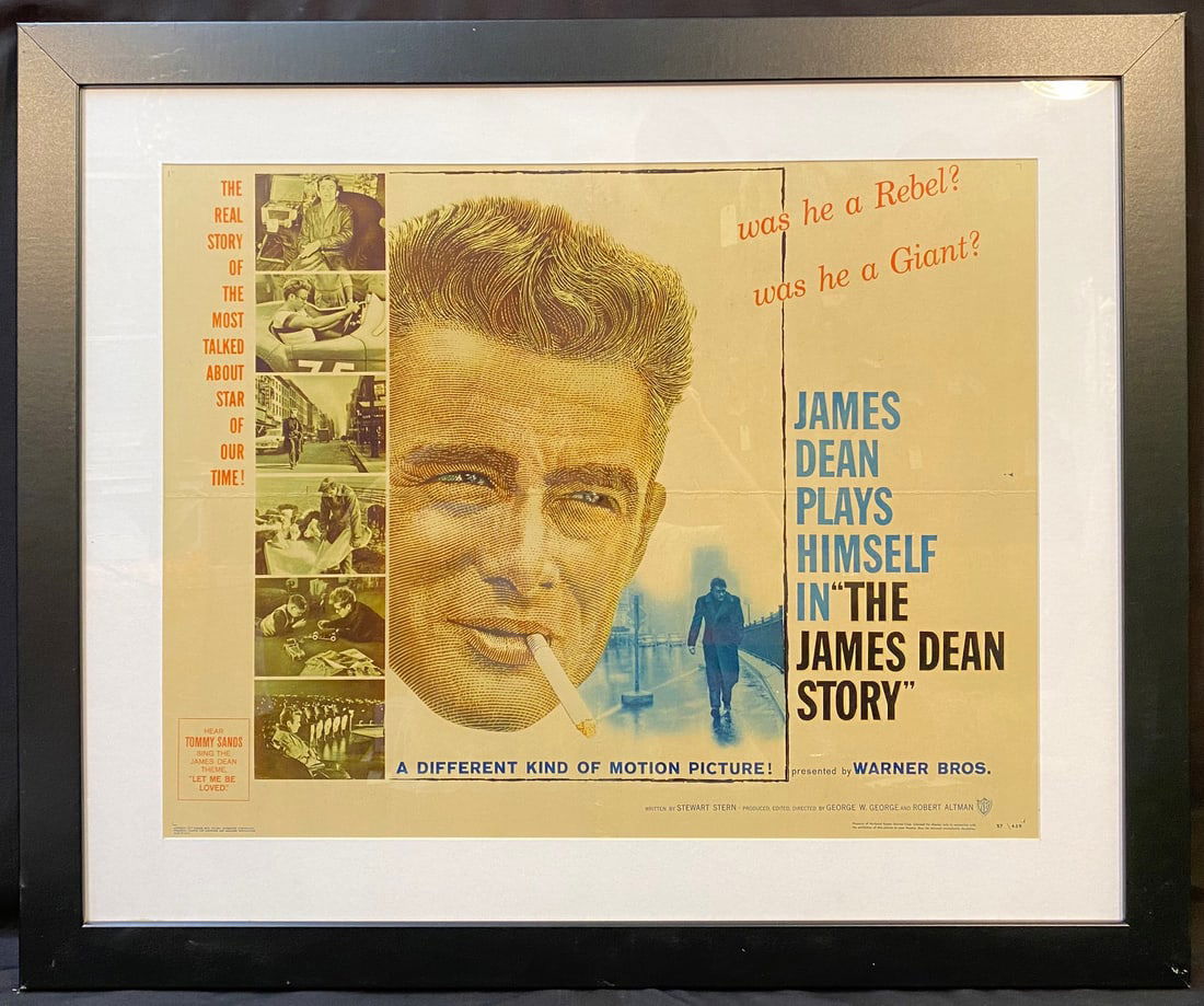 ORIGINAL JAMES DEAN MOVIE POSTER FOR THE JAMES DEAN STORY, 1957, 29.5 x 35.5 (75cm x 90cm): Original movie for The James Dean Story which was a Warner Brothers Pictures production in 1957. Some of the actors were James Dean, Martin Gabel, Clark Gable, Dennis Hopper, Rock Hudson, Natalie Wood
