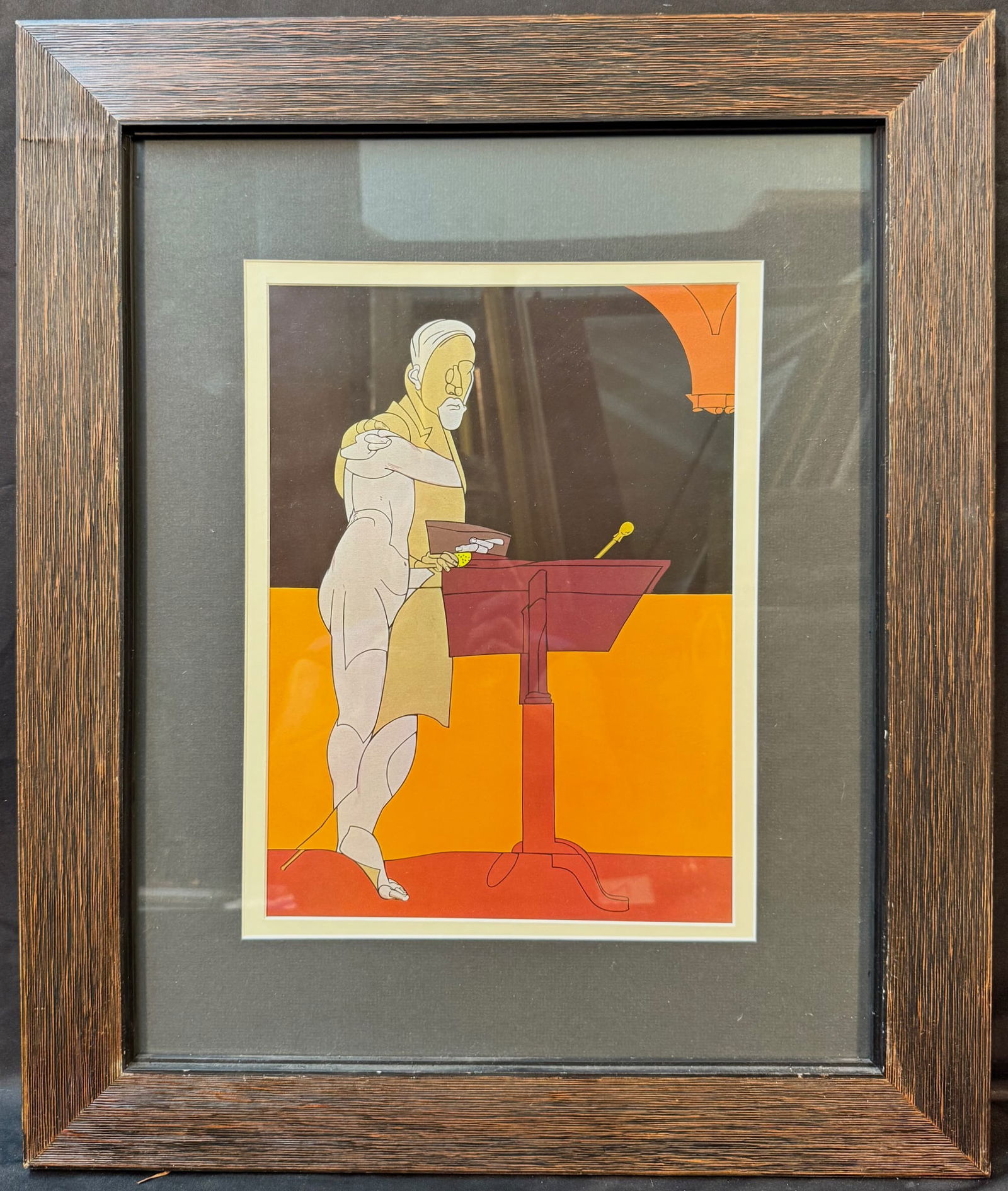 VALERIO ADAMI (1935) ORIGINAL UNTITLED LITHOGRAPH, 21IN x 24.5IN (53cm x 62cm): Valerio Adami (1935) original untitled lithograph. This piece was produced in 1980 on vellum paper in Paris by Maeght Editeur, for Derriere le Mirior. It is matted and framed under glass in a wooden f