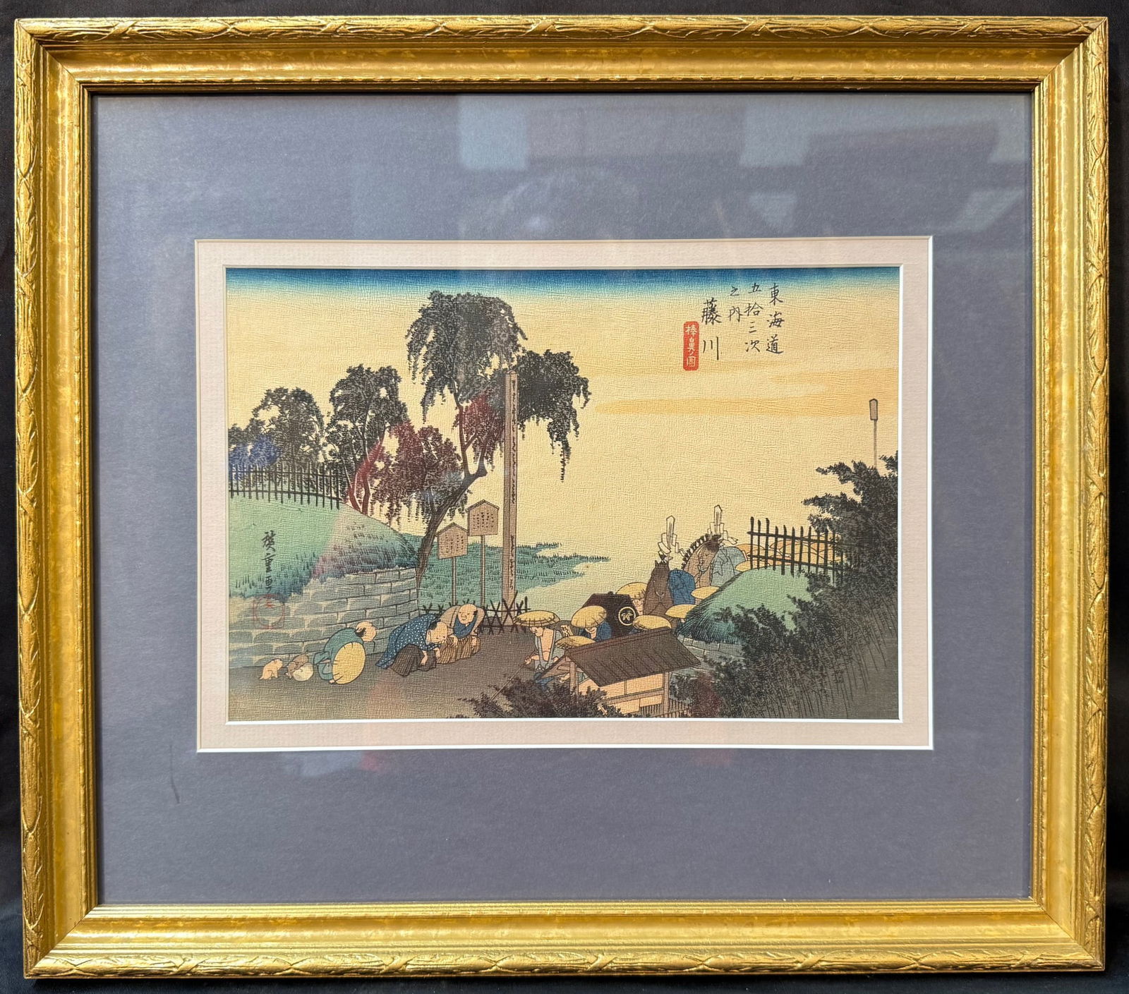 ANTIQUE JAPANESE WOODBLOCK PRINT BY UTAGAWA HIROSHIGE (1797-1858) TITLED FUJIKAWA, 15IN x 17IN (38cm (1 of 5)